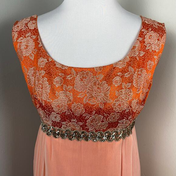 Vintage 60s Orange Empire Waist Sleeveless Chiffon Maxi Gown - Picture 3 of 12
